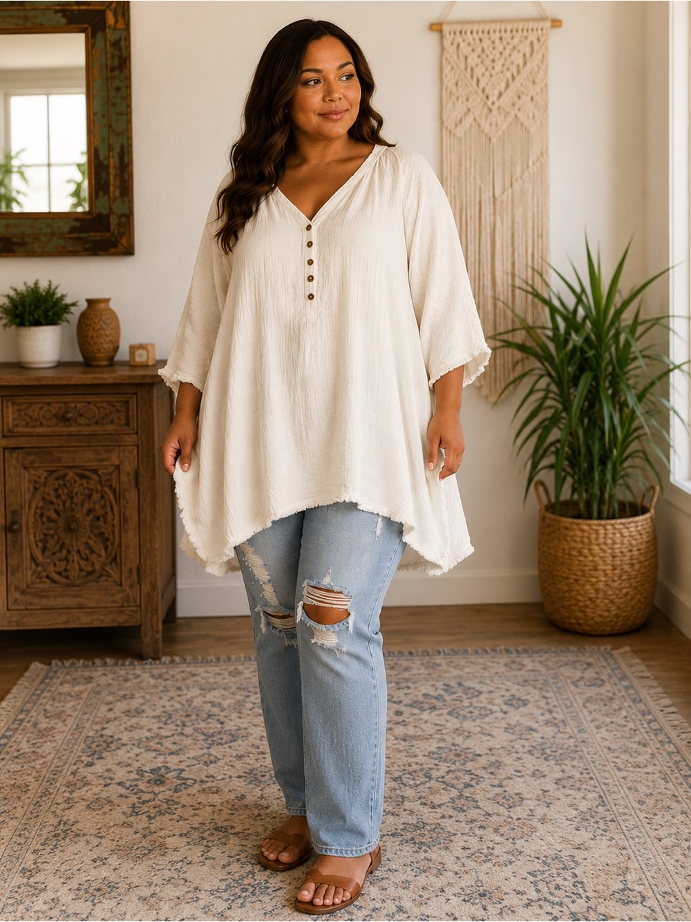 Cost Plus World Market Cream Button-Front Boho V-Neck Tunic